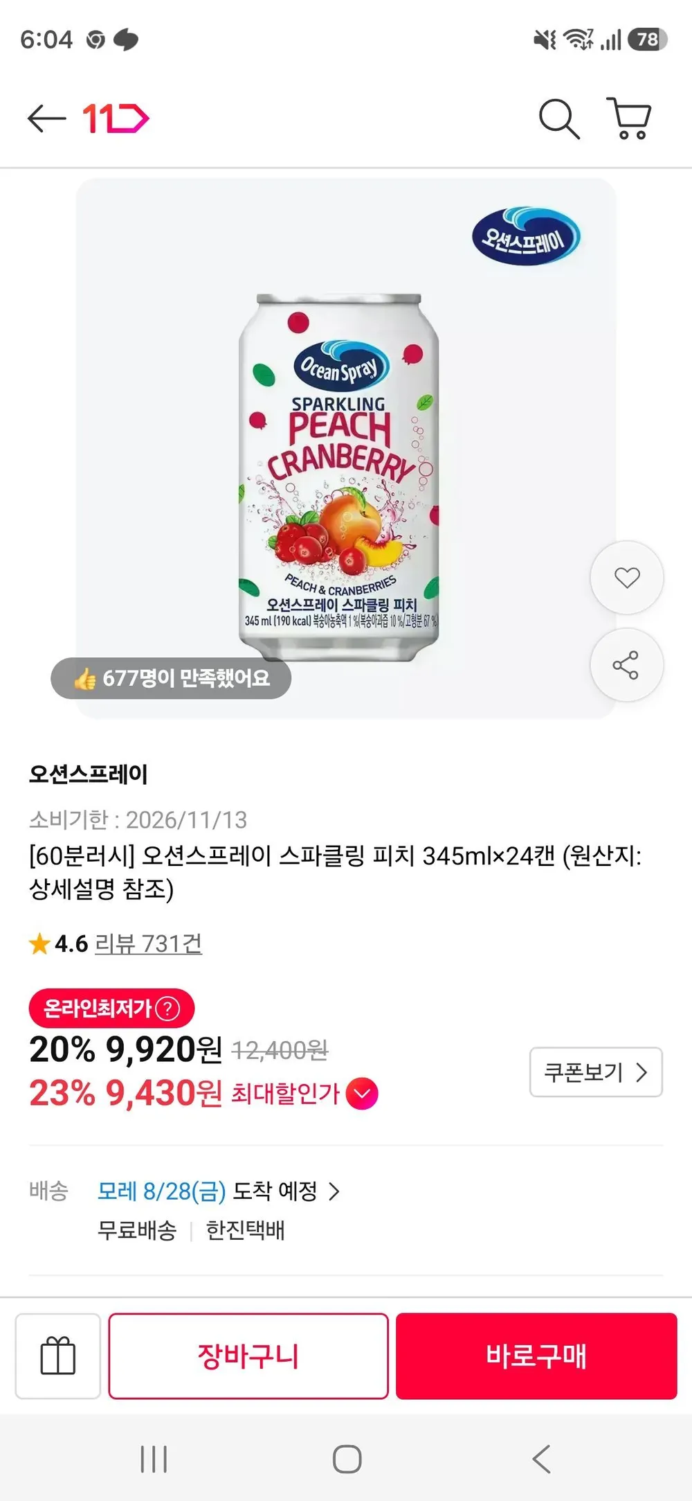 오션스프레이 스파클링 피치, 345ml, 48개