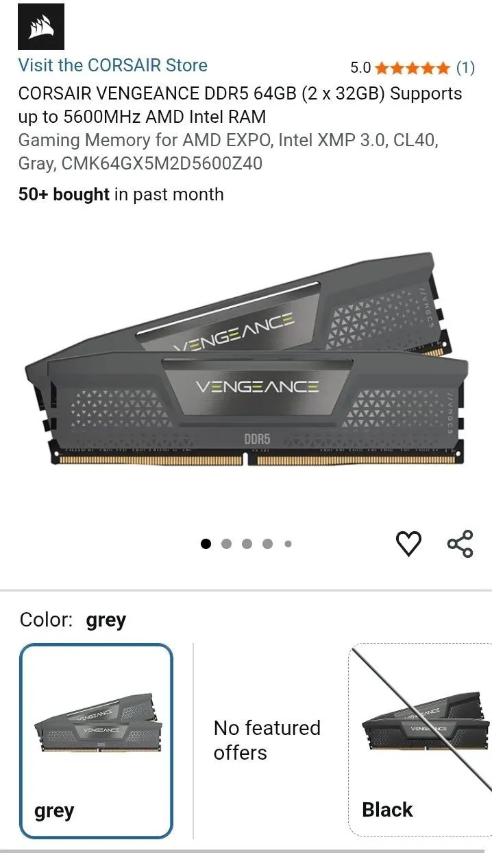 코르세어 벤전스 DDR5 램 64GB (2x32GB) 5600MHz CL40404077 1.25V 인텔 XMP 데스크탑 컴퓨터 메모리 블랙 (CMK64GX5M2B5600C40)