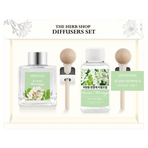 더허브샵 차량용 디퓨져 본품 50ml + 리필 50ml 선물세트, 아카시아 모링가