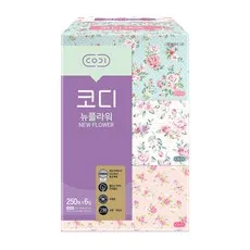 코디 뉴플라워 천연펄프 각티슈/미용티슈 250매x1개/꽃무늬랜덤발송