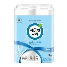 깨끗한나라 순수 소프트 3겹 화장지, 27m, 12롤, 1개