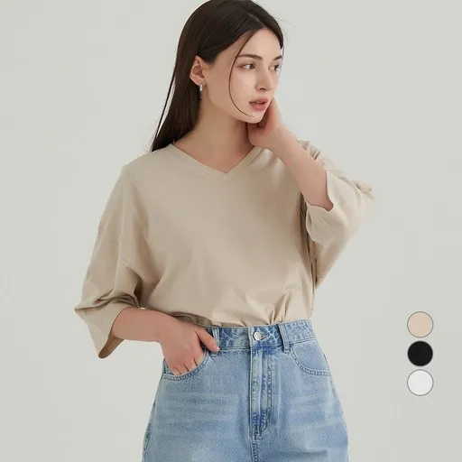 ELLE PARIS 여성용 통기성 오버핏 브이넥 7부 티셔츠