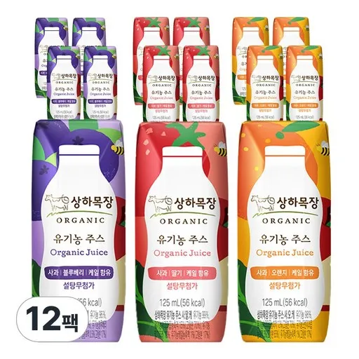상하목장 유기농주스, 사과오렌지케일4 + 사과블루베리케일4+ 사과딸기케일4(총12팩)