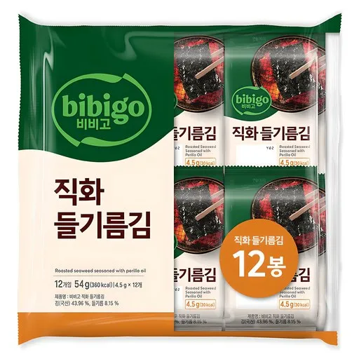 비비고 한달 직화 들기름 김 4.5g x12개x4입 (총 48개), 비비고 한 직화 들기름 김 4.5g x12개 x4입 총, 12개