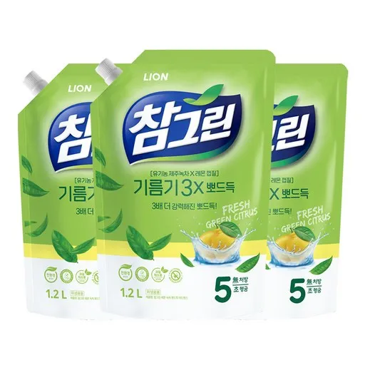 참그린 레몬 녹차 뽀드득 어드밴스 주방세제 리필, 1.2L