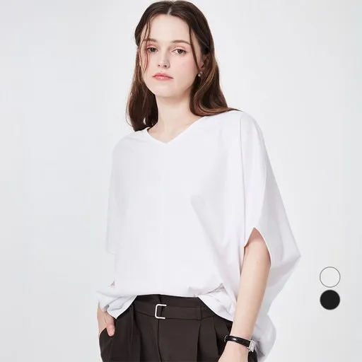ELLE PARIS 여성용 루즈핏 브이넥 가오리 반팔 티셔츠
