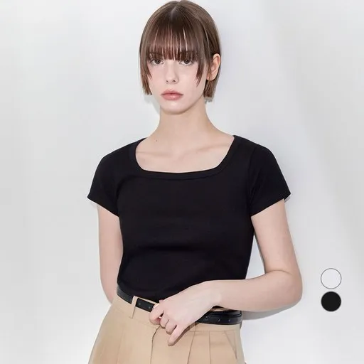 ELLE PARIS 여성용 스퀘어넥 골지 립 캡 슬리브 탑