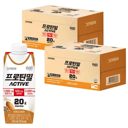 정식품 그린비아 프로틴밀 액티브 아몬드와호두맛 프로틴음료 고단백질영양설계 아르기닌 저당설계, 18개, 250ml