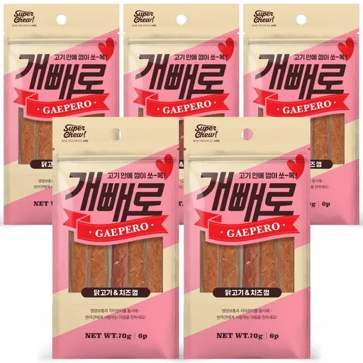 슈퍼츄 개빼로 강아지과자 크런치 덴탈껌 스틱껌, 닭고기 + 치즈 혼합맛, 70g