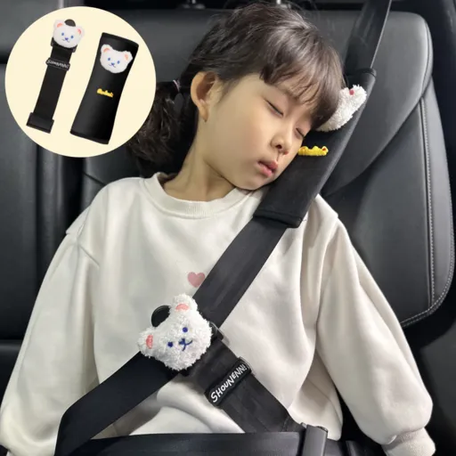 카블랙 어린이 차량용 안전벨트 가드 목쓸림 방지 쿠션, 1세트, 흰색 화이트 베어