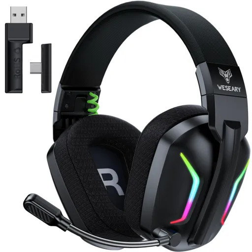 WESEARY 무선 게이밍 헤드셋 가상 7.1채널 듀얼 EQ 모드 초경량 2.4GHz 3D 사운드 노이즈 캔슬링 마이크