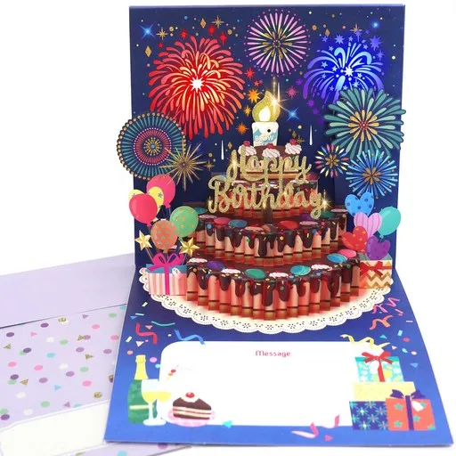 마음담아 LED 입체 팝업 3D 생일 축하 멜로디 카드 + 봉투 세트, 초코 케이크