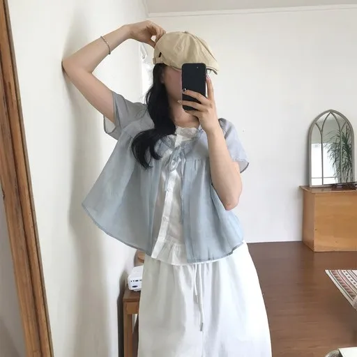 프릴 스트라이프 반팔 블라우스
