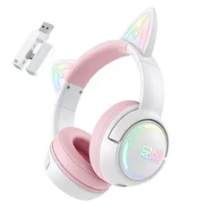 ONIKUMA 고양이귀 무선 게이밍 헤드셋 3모드 연결 RGB 가상 7.1 노이즈캔슬링 마이크 GT838, 핑크
