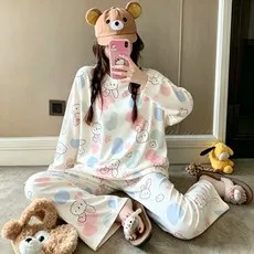 여성 캐주얼 깜찍한 토끼 프린트 긴팔 긴바지 파자마 세트 2 피스