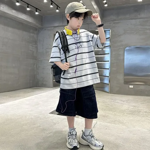 비비키드 남아 여름 레터링 캐릭터 프린팅 줄무늬 상하복 주니어 세트 초중생 반팔티 초등생 데님 카고 반바지 세트 (8805)