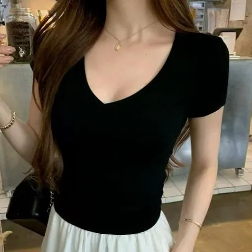 릴리제인 여성용 브이넥 슬림핏 반팔 티셔츠
