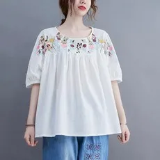 JLVJ 여름 여성 라운드 자수 면마 반팔 블라우스