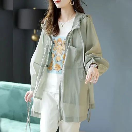 ORZQU 여름여성바람막이 빅 사이즈 롱 튜닉형 바람막이 코트 여름 재킷