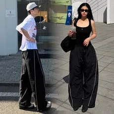2단기장 남녀공용 바스락 와이드 절개 투라인 스트링 나일론 커브드 밴딩 팬츠 바지 빅사이즈