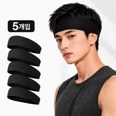 데오람 땀흡수 헬스 러닝 헤어밴드, 5개, 블랙