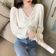 JLVJ 여자 브이넥 셔츠 루즈핏 긴팔 여성 블라우스