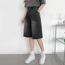가비진 여성용 허리 조절 버뮤다 워싱 데님 팬츠 5부 청 반바지 바지