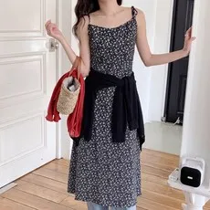 [55~77size/여름휴가룩] 여성 라일 잔꽃 나시 롱 원피스 휴양지룩