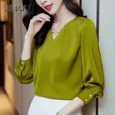 JLVJ 여성용 베이직 심플 블라우스 긴팔 여성 블라우스