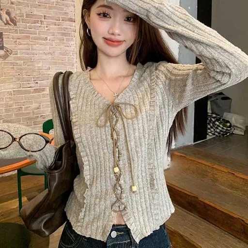 POMTOR 여성 봄가을 슬림핏 니트티셔츠 여자 스판 브이넥 긴팔티