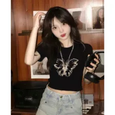 [베이직] 여성 나비 포인트 반팔 크롭티