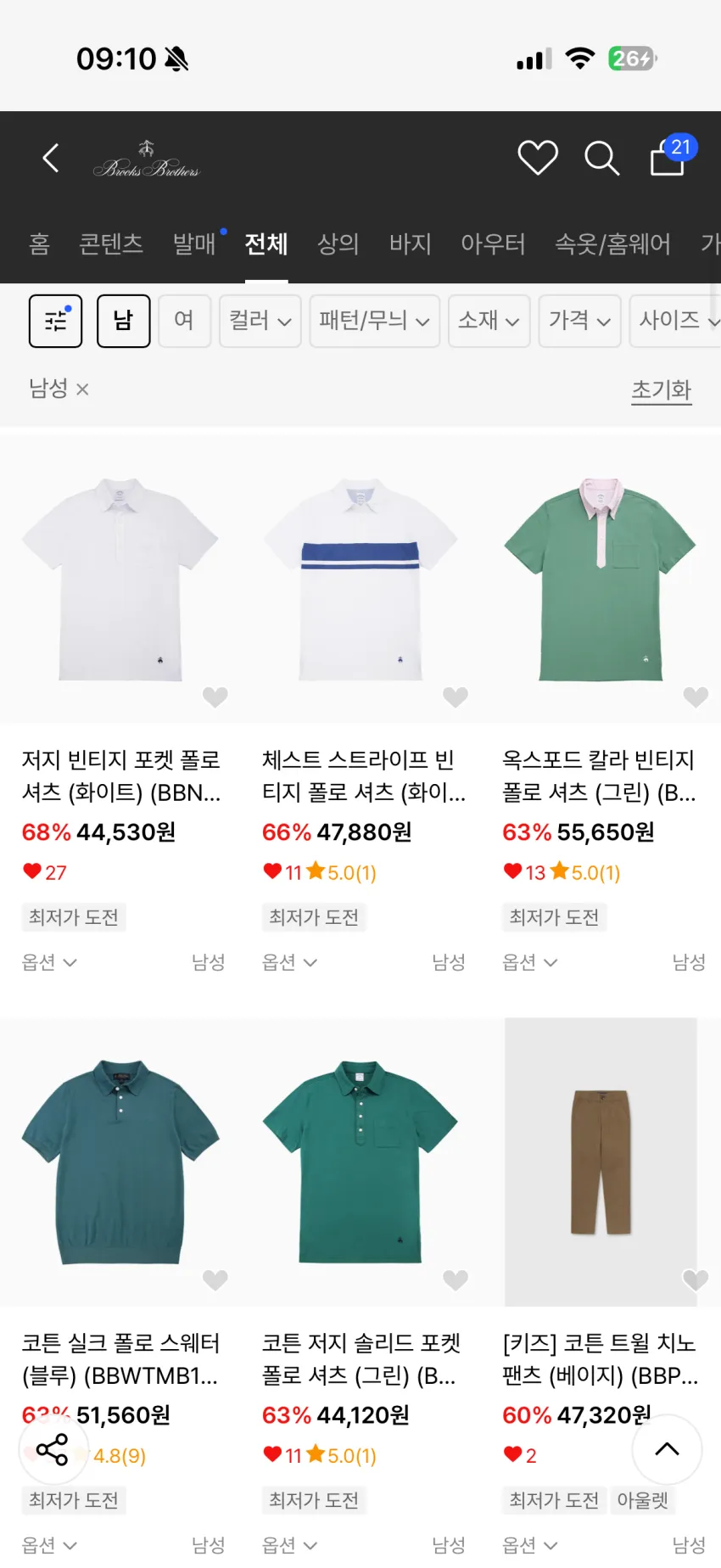 브룩스 브라더스 울 니트, 치노팬츠, 마드라스 쇼츠 등
