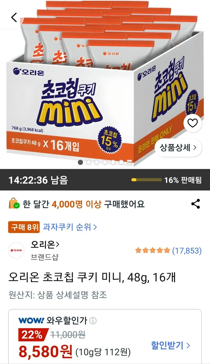 오리온 초코칩 쿠키 미니 48g 16개