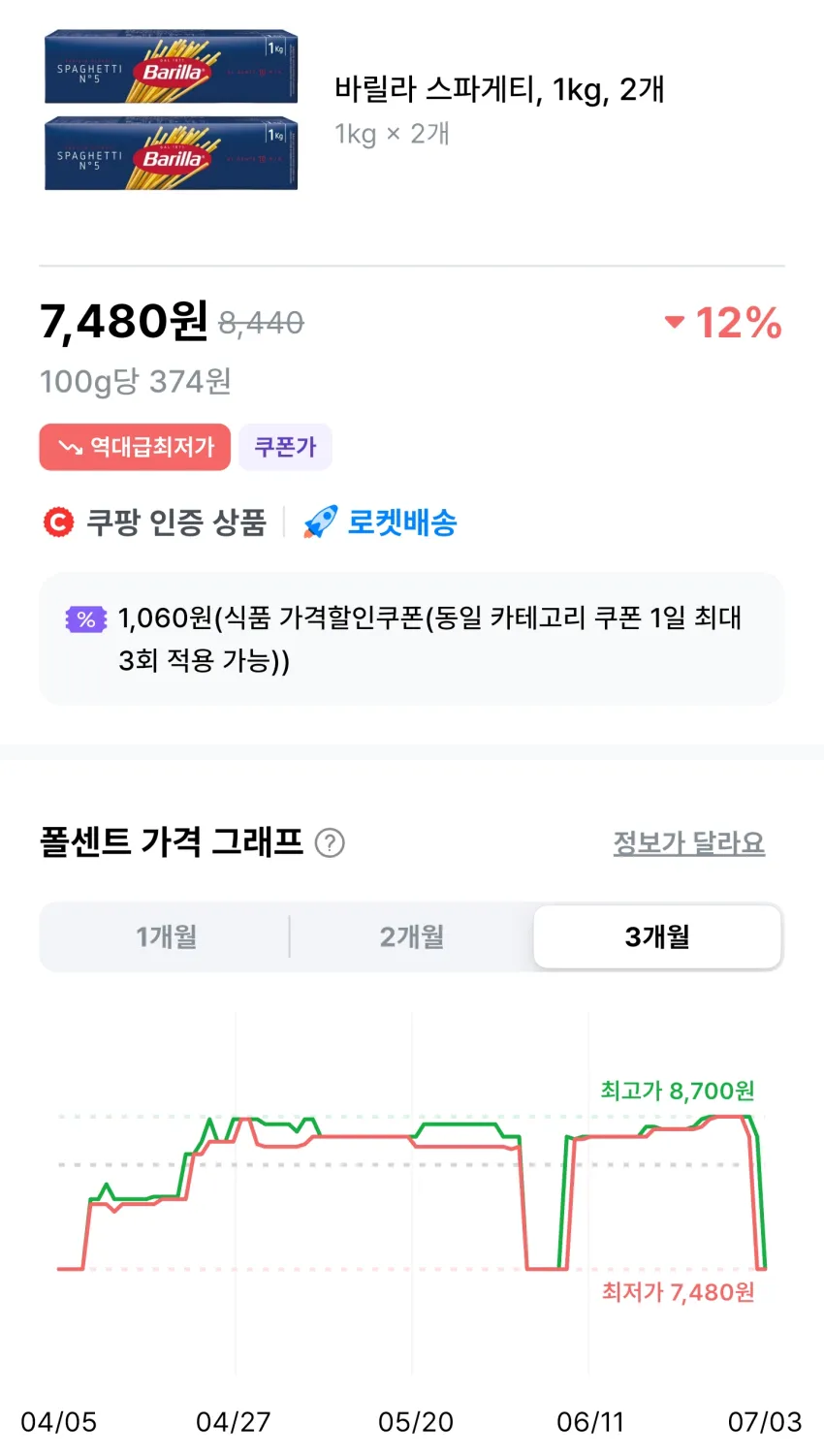 쿠팡 바릴라 스파게티 1kg*2개