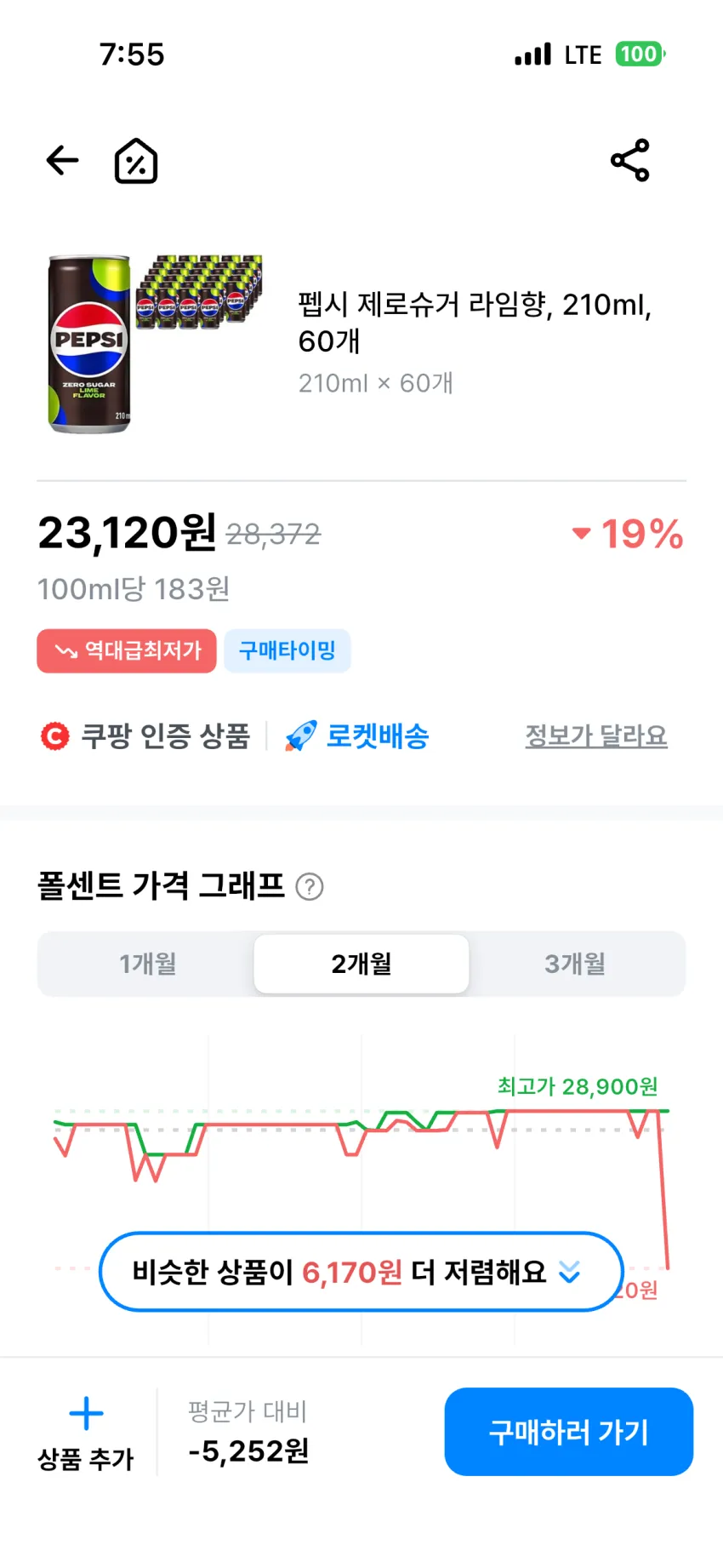 쿠팡/펩시제로 210ml 60개