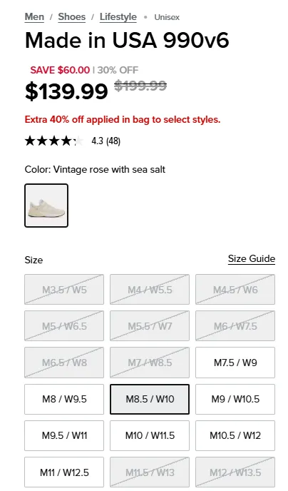 뉴발란스 993 핑크 타피 $89.99