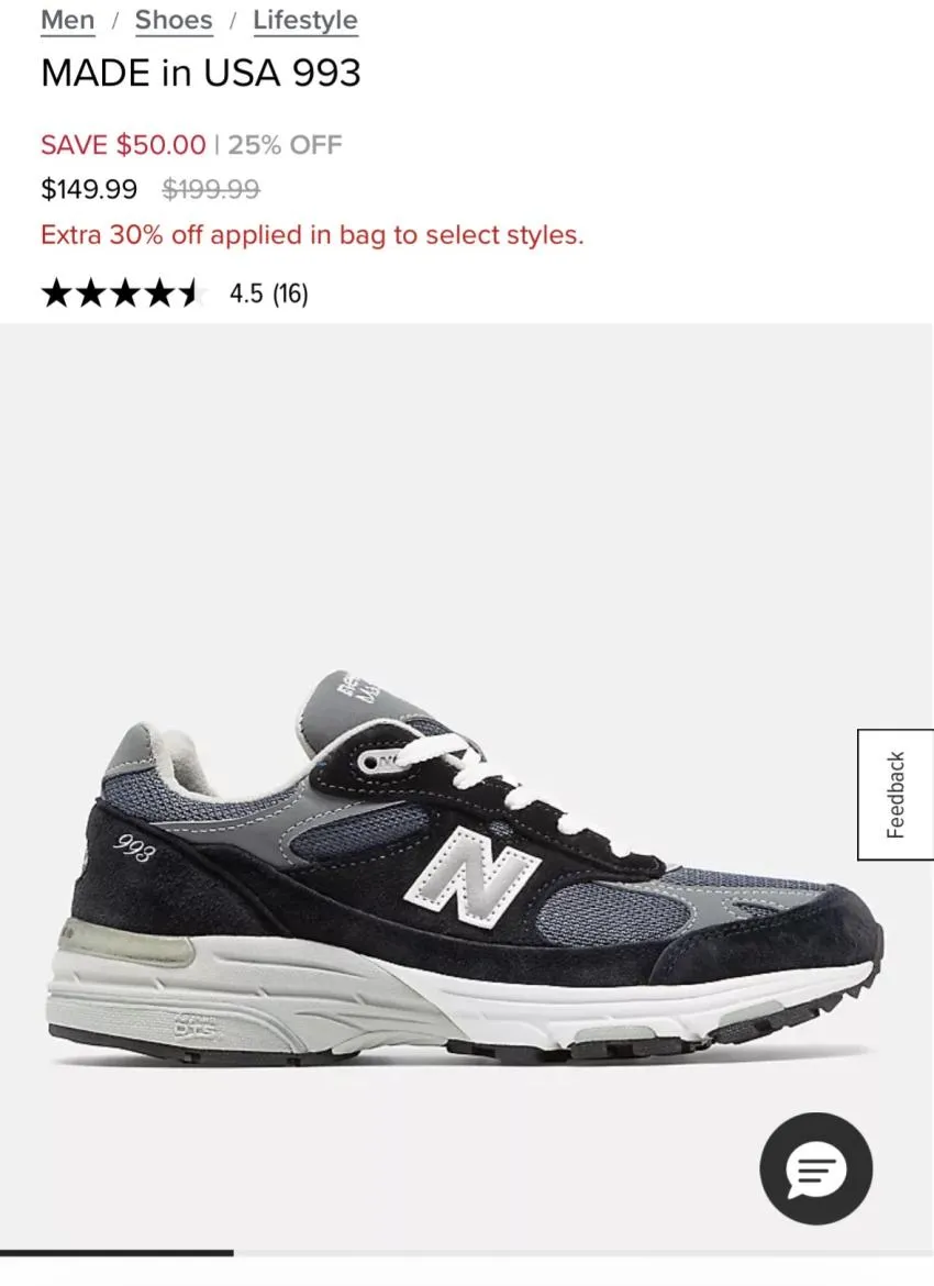 뉴발란스 993 블랙, 네이비 $104.99