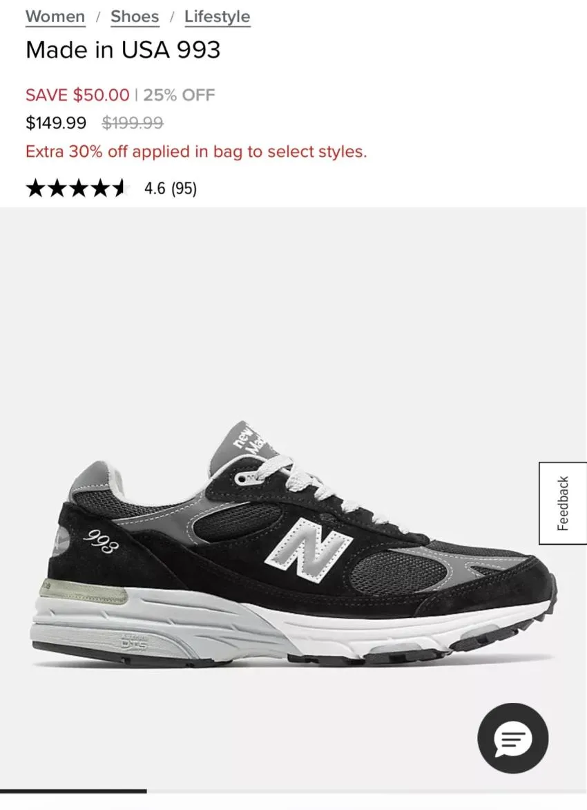 뉴발란스 993 블랙, 네이비 $104.99