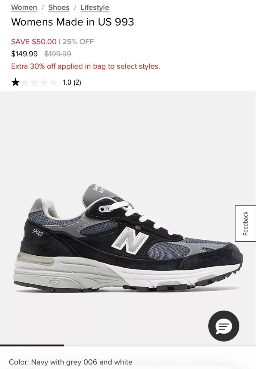 뉴발란스 993 블랙, 네이비 $104.99