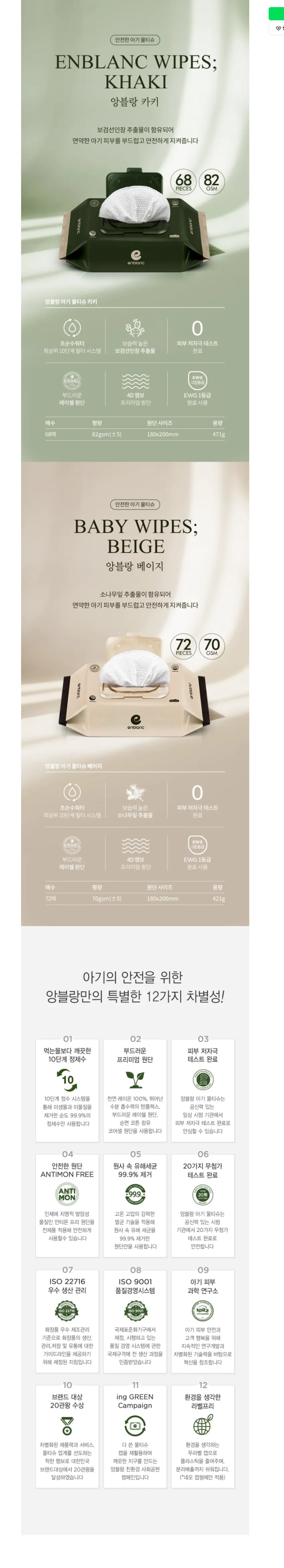 앙블랑 프리미엄 물티슈 82고평량 카키 캡형 68매X10팩 9900원 무배