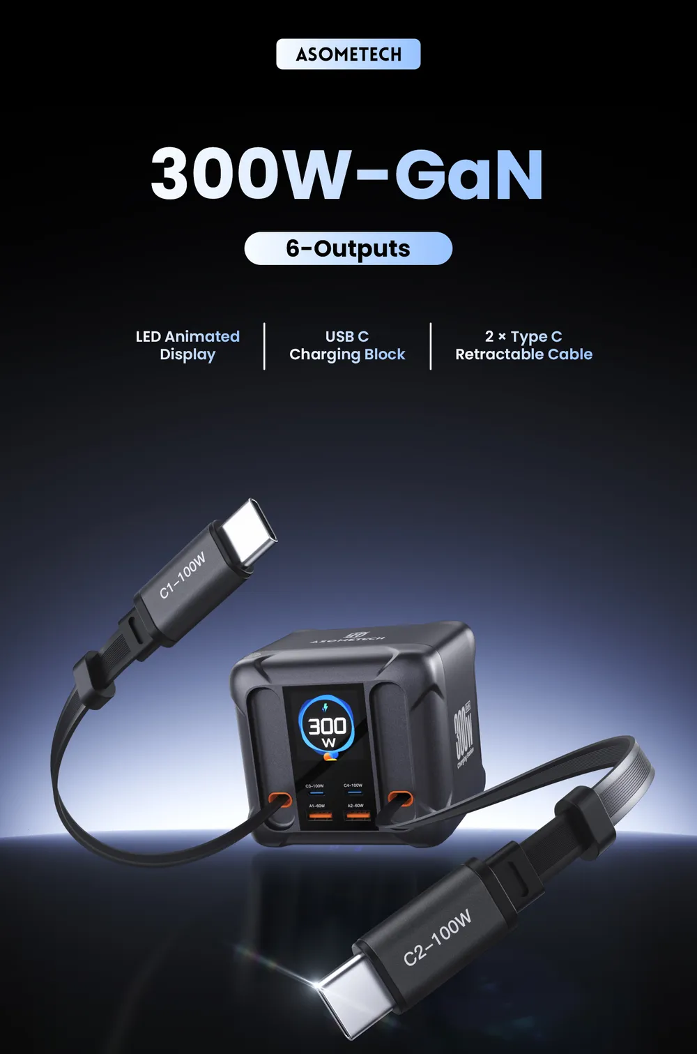 ASOMETECH 300W GaN 디스플레이 내장케이블 충전기 $28.66