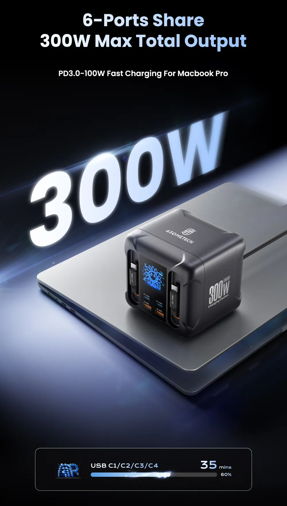 ASOMETECH 300W GaN 디스플레이 내장케이블 충전기 $28.66