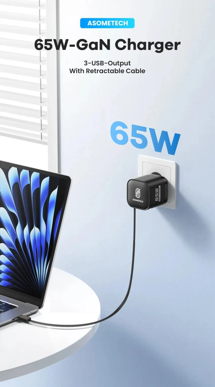 ASOMETECH 65W GaN 내장케이블 충전기 $9.73