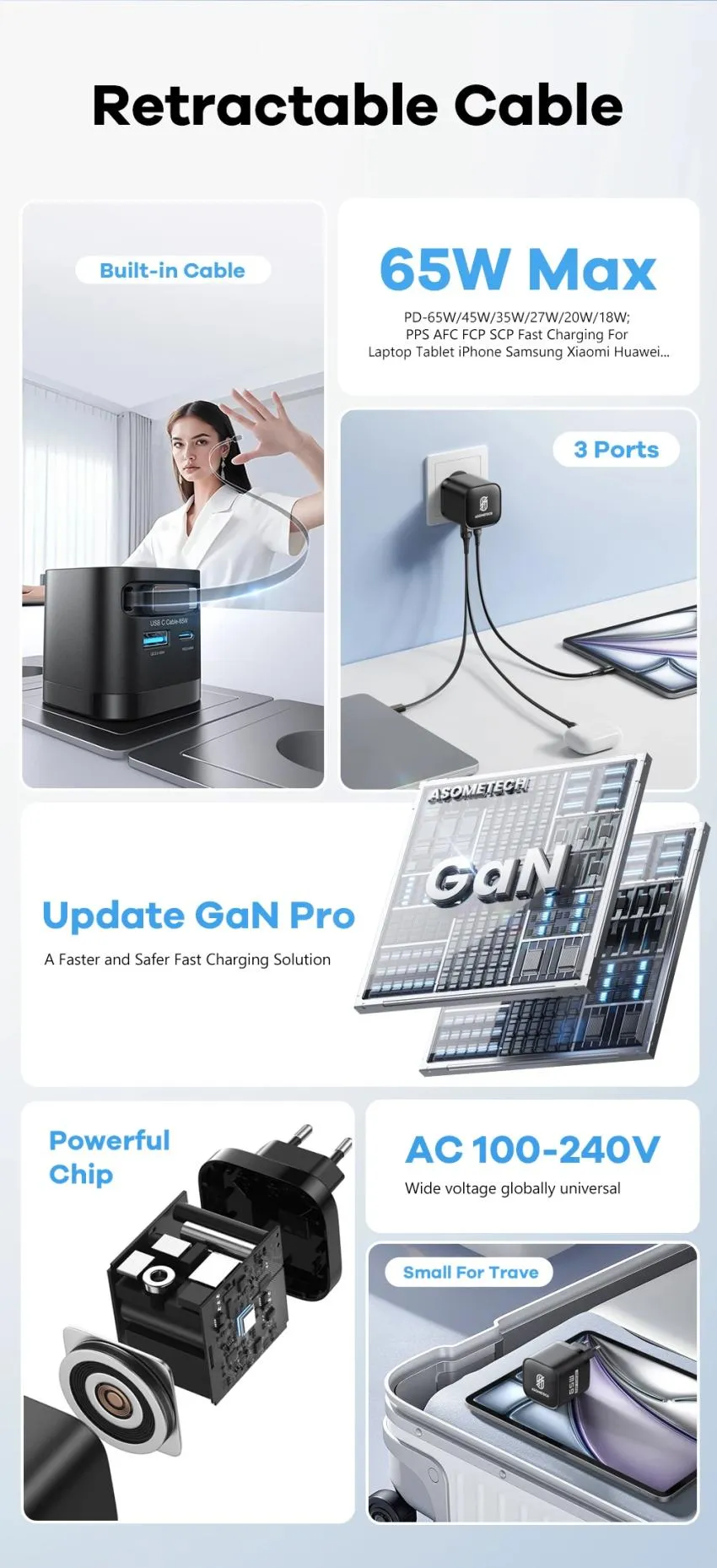 ASOMETECH 65W GaN 내장케이블 충전기 $9.73