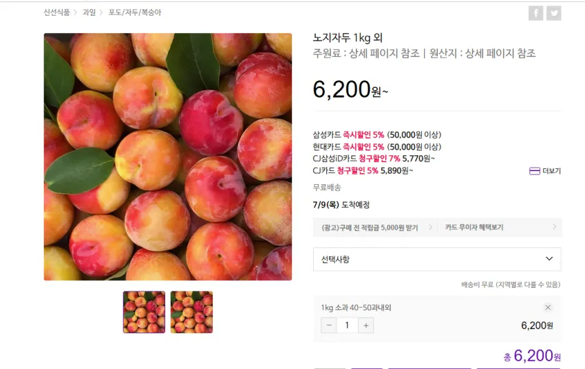 노지자두 1kg 소가 6200원 무배