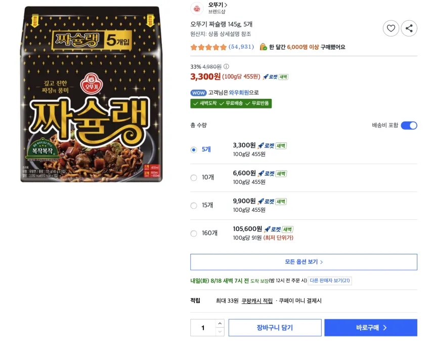 오뚜기 짜슐랭 145g, 5개