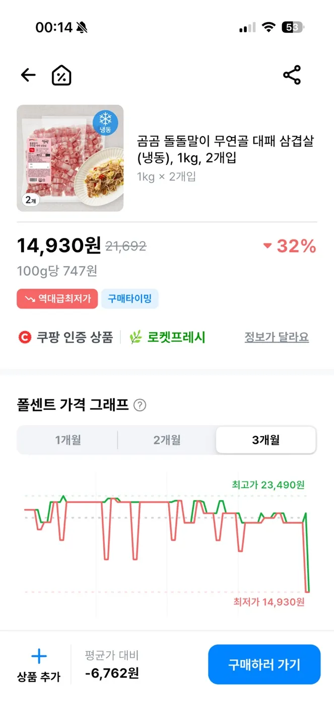 곰곰 돌돌말이 무연골 대패 삼겹살 (냉동), 1kg, 2개입