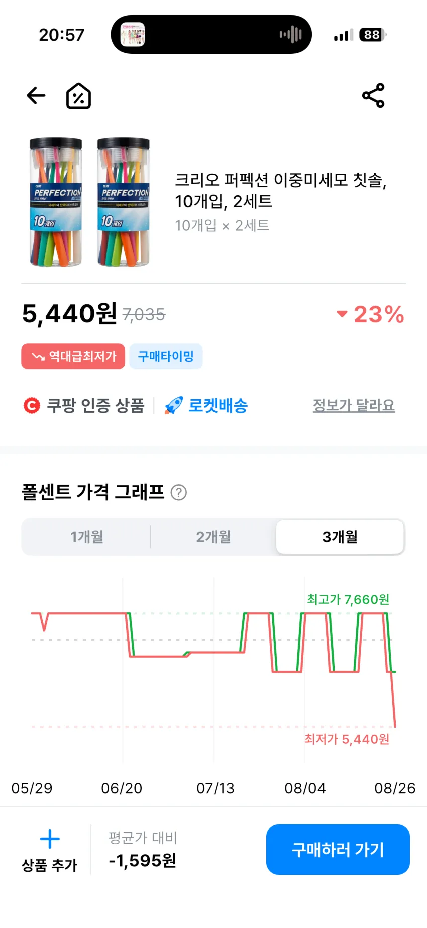 크리오 퍼펙션 이중미세모 칫솔, 10개입, 2세트