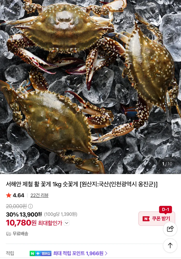 [당일조업] 서해안 제철 활 꽃게 암꽃게 숫꽃게 햇꽃게 생물 냉동, 1박스, 꽃게 1kg (3-5미내외)
