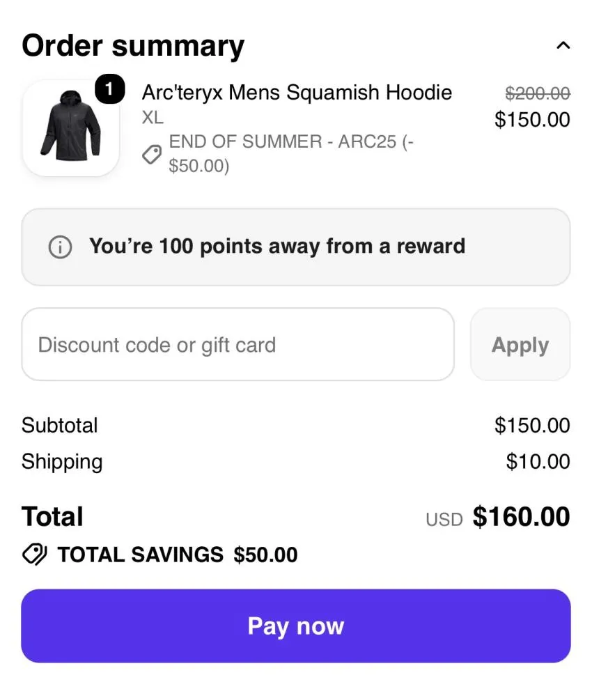 아크테릭스 스쿼미시 블랙 XL $150